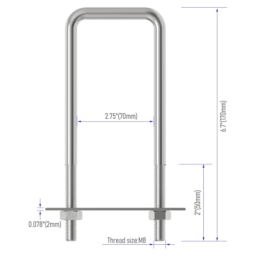 Image of 4 Sets 304 Stainless Steel Square U-Bolts 2.76 inch(70mm) Inner Width, 6.9 inch(175mm) Length Stainless M8 with Nuts, Frame Plate, Accessories for Automobiles Trailer, Boat Trailer Industrial Parts
