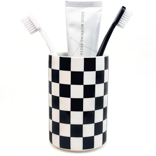 Tooth brush Holder for Bathroom, Black and White Ceramic Toothbrush Holders for Bathrooms, Modern Cute Toothbrushes and Toothpaste Caddy for Bath Countertop Storage Organizer, Checkered Bathroom Decor