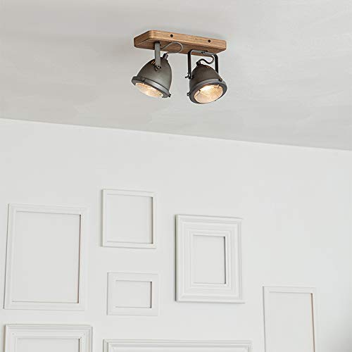 Qazqa Plafón industrial acero madera orientable 2-luces - EMADO/Acero Alargada Adecuado para LED Max. 2 x 25 Watt