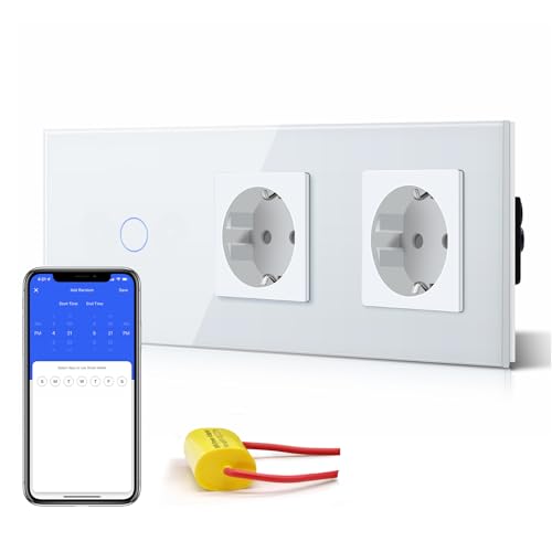 BSEED Presa standard doppia con interruttore della luce Smart Alexa, presa Schuko in vetro verticale (non Wi-Fi), interruttore della luce Single Live Wifi Touch 1 scomparto 1 via, bianco