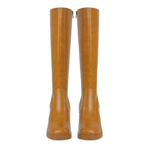 Image of SOVANYOU Black Leather Boots Platform Boots for Women Fashion Square Toe Chunky Block Heeled Boots Side Zip