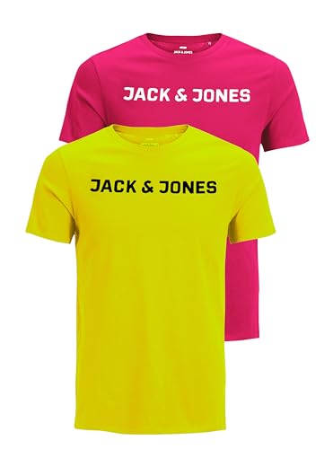 JACK & JONES JJECORP Camiseta de Manga Corta con Cuello Redondo, Logotipo, Paquete Doble, Rosa/Amarillo, XS (EU)