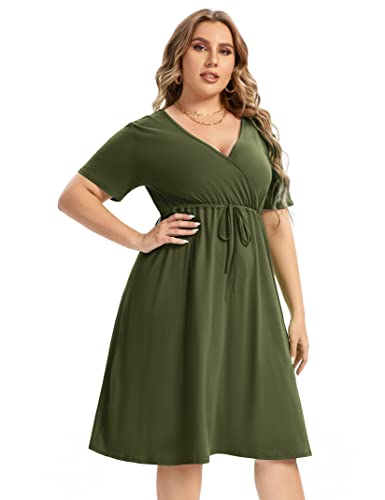 Image of Plus Size Dress Women's V Neck A-Line Knee Length Wrap Mini Dress with Belt Plus Size Dresses for Curvy Womenolive-cs 5X-Large