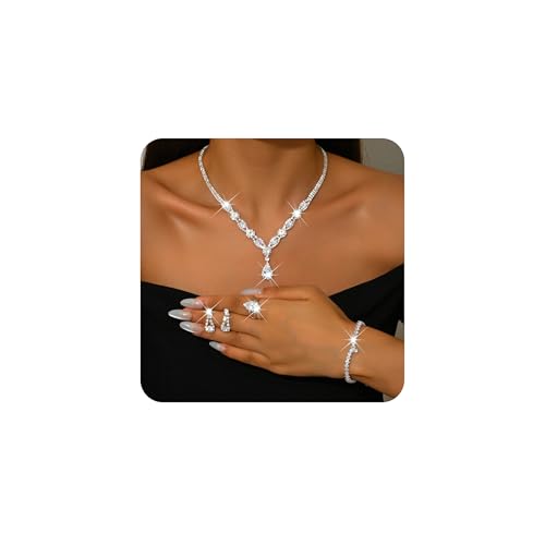 XFSRG Juegos de Joyas Mujer Conjunto de Joyas Novia y Dama Strass Lágrimas Colgante Collar Pendientes Pulsera Anillo Set Regalo para la Fiesta de Bodas (Plata)