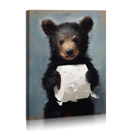 Bear Cub Wall Art Oil Painting Adorable Animal Pictures Funny Bathroom Decor Modern Painting for Living Room Bedroom Home Decorations Framed Ready To Hang 12x16 inches