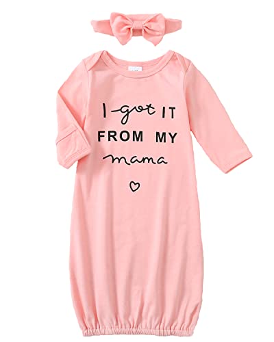 Image of Yvowming Newborn Baby Girl Sleeper Gown Long Sleeve Nightgown +Headband Outfit (Pink 2, 0-3 Months)