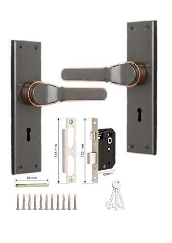 Image of Grey & Copper Finish Premium Door Handle with Lock Plate | Stylish Lever Design | Heavy-Duty Build | Ideal for Wooden & Metal Doors | Euro Profile Compatible