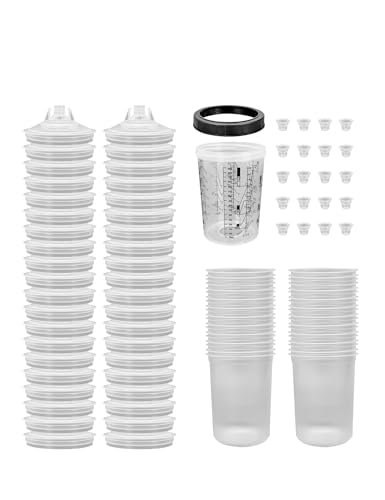 KREFINISH Disposable Paint Sprayer Mixing Cup Liners and Lid System for HVLP Spray Gun,Car Paint Gun 27 Ounce(800ml) Kit with 40 Cups Liners,40 Lids with Strainer,1 Hard Cup with Retainer Ring,20 Plugs
