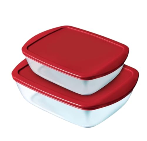Pyrex Cook & Store Set of 2 Rectangular Glass Dishes with Red Lids 1.2L & 2.5L BPA-Free Storage and Bakeware