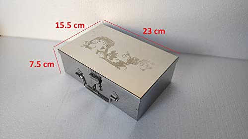 Image of Stainless Steel Steel Storage Boxes,Cash, Pooja Peti,Organizer,Safe Locker Box 9 inch Storage Box (Steel) W-9 inch, H-3 inch, L-6 inch Cash Box With Laser Print Design (Medium)