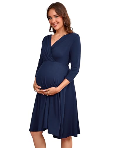 YesFashion Umstandskleid Umstandsmode V-Ausschnitt, Hochtailliertes Schwangerschaftskleid, Komfortable Kleider für Schwangere