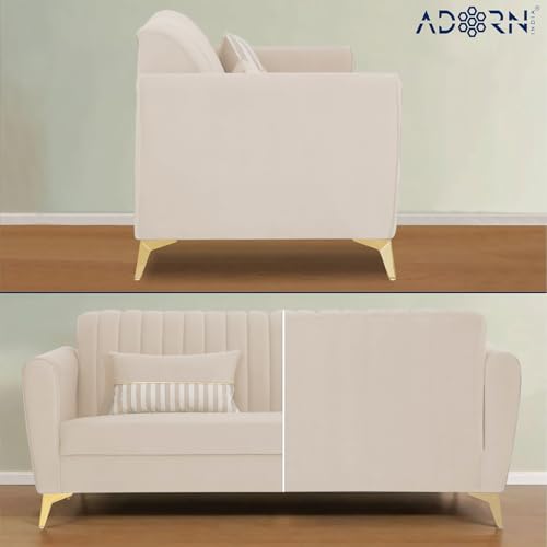 Image of Adorn India Premium Luster 3 Seater | Velvet Suede Fabric | 3-Year Warranty | Color Cream with Golden Legs & Striped Pattern Cushion