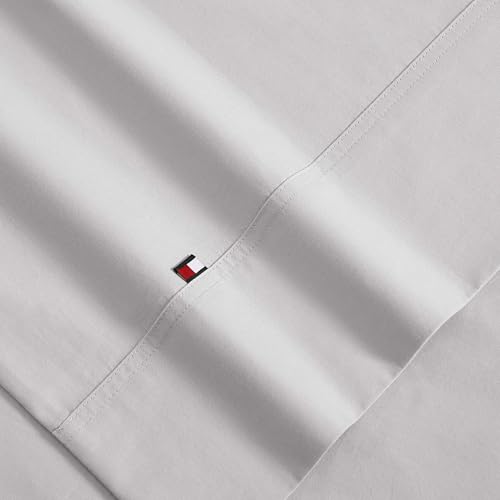 Image of Tommy Hilfiger - Queen Size Sheets Set, Crisp & Tailored Cooling Sheets with a Naturally Smooth Cotton Percale Lightweight Feel - Bed Sheets with Matching Pillowcases & Fitted Sheet (Grey)