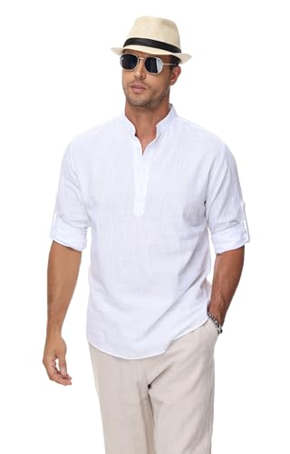 Cotton Linen Shirts for Men Lightweight Casual Long Sleeve Henley Beach Hawaiian Tops2