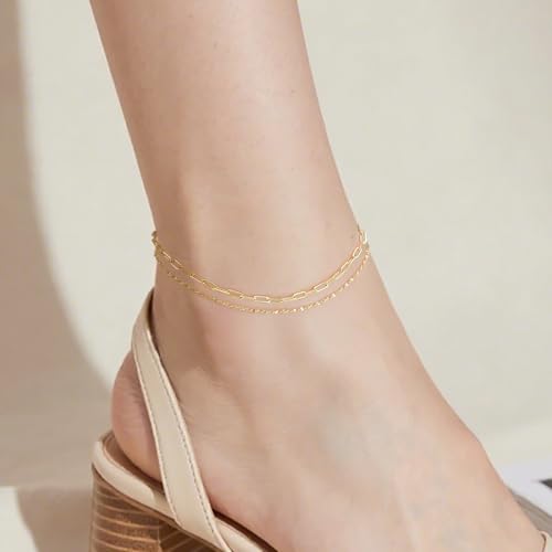 14K Gold Anklets for Women Gold Ankle Bracelets for Women Double-Layer Design Delicate Chain Stacked with Paperclip Link Anklets for Womens ankles bracelets3