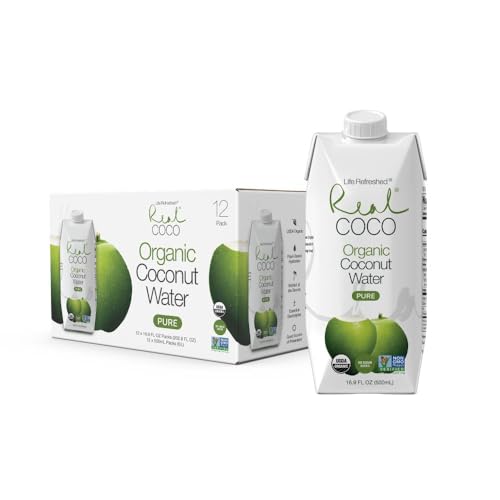 Real Coco Organic Pure Coconut Water 500mL, 100% USDA Organic Coconut Water, Packed with Electrolytes, Dairy/Soy Free, Vegan, Plant Based (12-pack, 500L) *PACKAGING MAY VARY*