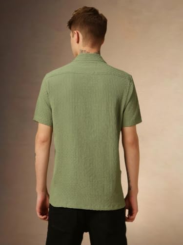 Image of Dennis Lingo Men's Half Sleeve Cuban Collar Solid Textured Relaxed Fit Casual Shirt