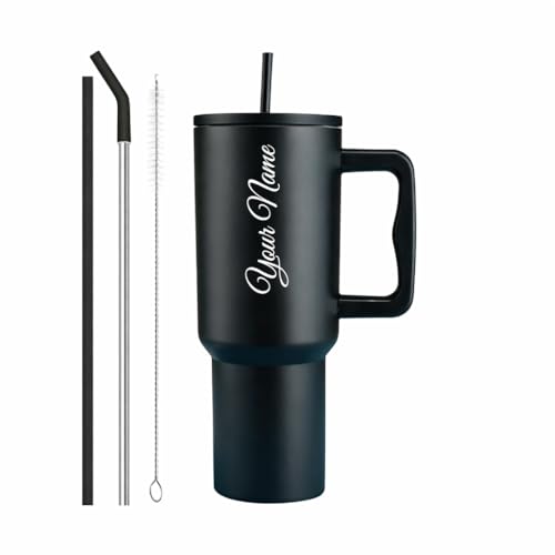 Image of SKDBPM Personalized Stainless Steel Tumbler with Handle, 1200ml Capacity, Black Insulated Travel Mug with Straw, Custom Name Design (Black Tumbler)