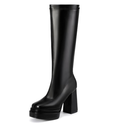IDIFU IN4 Knee High Boots for Women Platform Gogo Boots Square Toe Chunky Block High Heel Tall Boots Ladies Disco Dress Long Boots Comfortable Fashion Sexy Dressy Pull On Calf High Thick Fall Boots