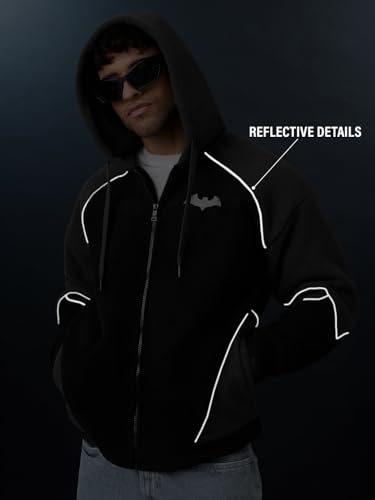 Image of The Souled Store Batman: Dark Knight Men and Boys Long Sleeves Hooded Neck Black and Grey Embroidered Cotton Blend Oversized Hoodies