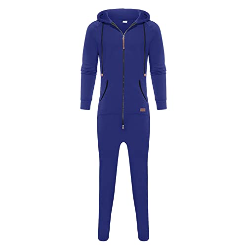 WUAI Onesie Men's Hooded Jumpsuit Zip Up One Piece Pajamas Playsuit Jogger Sweatsuit Overall Romper Blue4