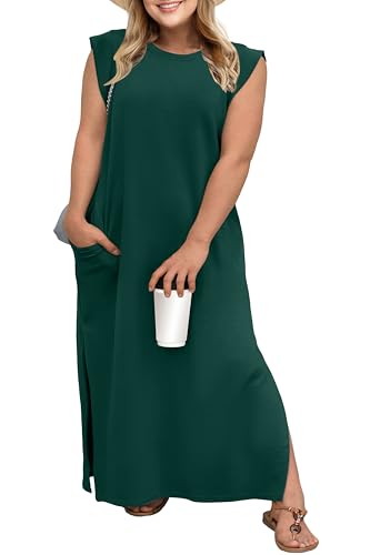 OLIRK 2025 Sommer Damen Plus Size Maxikleider für kurvige Frauen Casual Split Faltenfrei Langes Kleid mit Taschen, Dunkelgrün, 3X