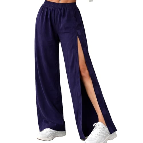 Reha Hose Damen Seitlich Zu Öffnen Baggy Jogginghose Seitlicher Klettverschluss Mit Taschen Sportswear Trainingshose Abreißen für Senioren Pflegebedürftige Rehahose Beinverletzung (Marineblau L)