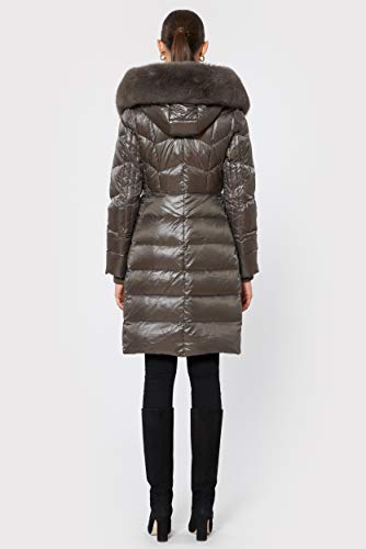 1 Madison Women's Long Winter Coat with Fox Fur Trimmed Hood, Taupe, Medium2