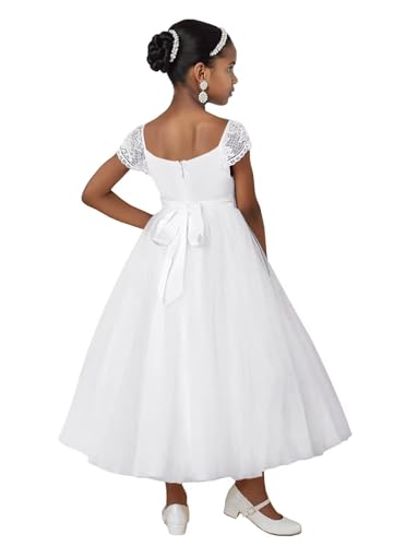 MCieloLuna Lace Cap Sleeve Flower Girl Dresses Satin Tulle First Communion Dress for Girls Square Neck Formal Ball Gown