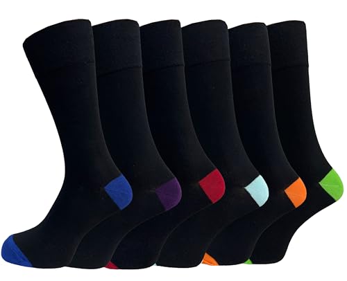 Diabetic Socks Mens 6 Pairs – Mens Cotton Socks Gentle Grip Non Elastic Sock for swollen feet | Smooth Toe Seem | Non Elastic Cuff | 6-11 one size UK (colored heel & Toe 6 Pairs)
