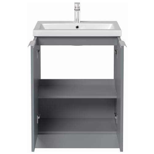 BAYSTONE® Fluted 600mm Bathroom Vanity Unit Ceramic Wash Sink, Cloakroom Storage Furniture Under Basin Cabinet Floorstanding Cupboard, Matt Grey
