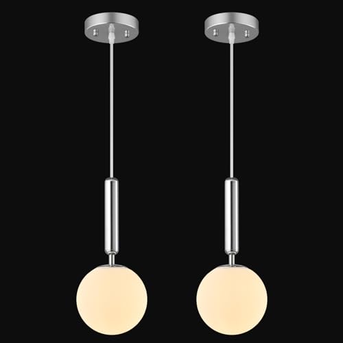 Image of Modern Hanging Light Fixture Pendant Lighting for Kitchen Island Mid Century Chrome Pendant Lights with Globe Milky White Glass Pendant Light for Bedroom Bathroom Entryway (2 Pack)