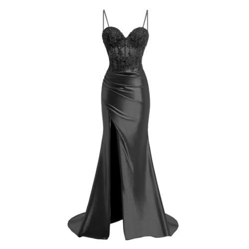 Tukomu Elegant Sweetheart Spaghetti Strap Prom Dresses with Split Mermaid Pleated Satin Dress for Prom Party Lace Appliques Long Formal Evening Gown Black Size 8