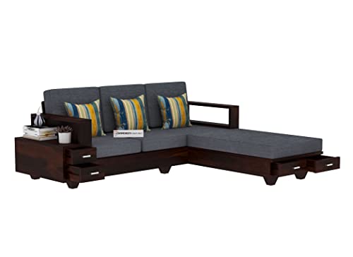 Image of Sheesham Wood 4 Seater L Shape Sofa Set with 2 Drawer Storage | 3+1 Wooden Sofa Set Furniture for Living Room Home Office (Walnut Finish)