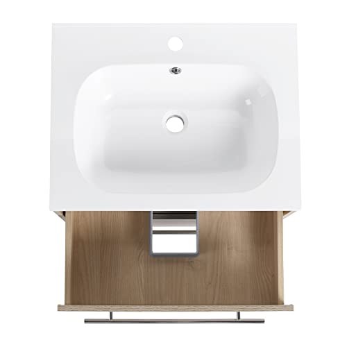 Ssline Wall Mounted Bathroom Vanity With Sink Modern 24" Floating Bathroom Vanity With Top Basin & Storage Drawers White Oak Wood Hanging Bath Cabinet W/Gel Sink And Silver Handle For Small Space #TOP5