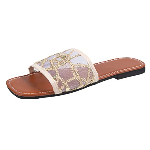 Chinelos de praia femininos modernos de malha de verão com lantejoulas decorativas de fundo plano bi