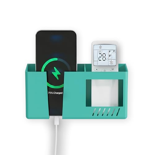 Image of Prolet Wall Mount Mobile Charging Holder with Storage Box & AC /TV Remote Organizer, Self-Adhesive Phone Plug Stand, Multipurpose Wall Shelf, Space Saving Mobile Holder for Home & Office (Green)
