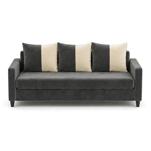 Image of FURNY Rion 3 Seater + 1 Seater + 1 Seater Fabric Sofa Set (Dark Gray-Cream) with Velvet Finish | Durable Comfort | Ideal for Living Room