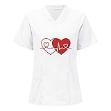 COMIOR Damen Pflegekleidung Krankenhaushemd Krankenschwester Uniform V-Ausschnitt Kurzarm Pflegehemd mit Taschen Stethoskop Verbinden Rot Liebe Herzförmig EKG Druck Weiss/Rosa/Blau