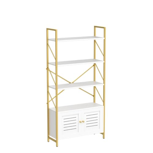 YITAHOME Bibliothèque avec Armoire de Rangement, étagère à Livres à 5 Niveaux avec Portes, pour Chambre à Coucher, Salon, Bureau, Blanc et doré – vue 5