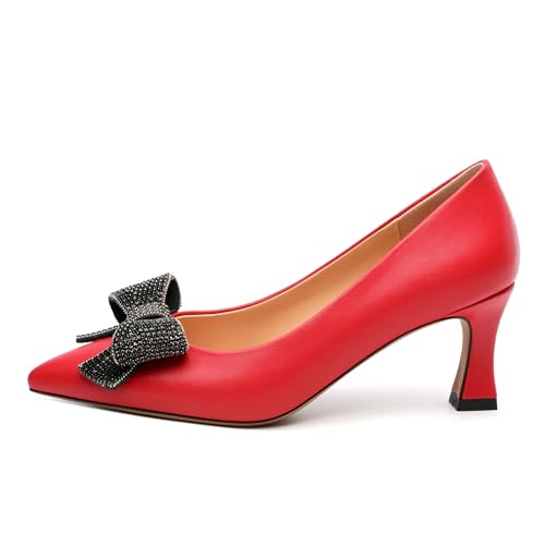 Image of Heels for Women Closed Patent Pointed Toe Bow Pumps Slip on Kitten Low Heels Wedding Party Dress Office Shoes 2.5Inch