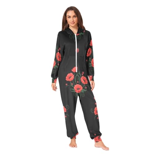 Combinaison pyjama adulte flanelle douce à motif floral rouge et noir chic