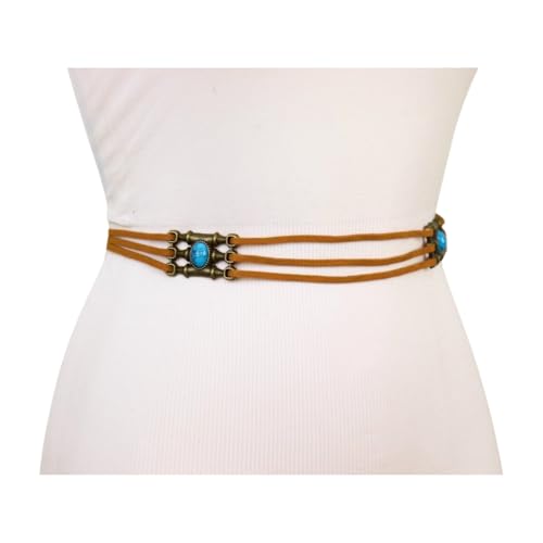 Women Ethnic Fashion Wrap Around Tie Belt Gold Charm Turquoise Blue Beads M L Brown z1964