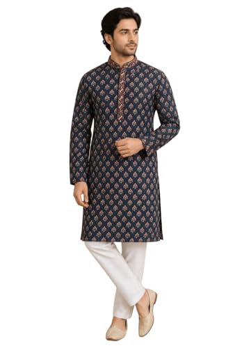 Image of Tattva Men Navy Blue Geometric Design Sequined Jacquard Kurta with Pyjamas
