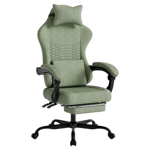 Gaming Stuhl Bürostuhl Stoff mit Fußstütze, 135° verstellbare Rückenlehne, Lordosenstütze & gepolsterte Armlehnen, ergonomischer Schreibtischstuhl für Home Office & Spielen(Grün)