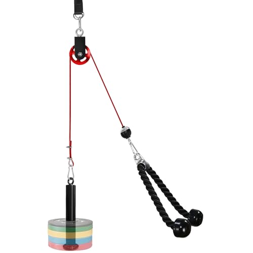 LFJ LAT Pull Down and Lift Weight Pulley System Cable Machine Pulley Attachment for Triceps Pull Down, Biceps Curl, Back, Forearm, Shoulder Home Gym Equipment (Red Set with Aluminum Alloy Pulley)