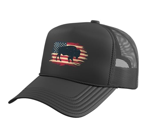Bison Design American Buffalo American Flag Wild Trucker Hat with Adjustable Mesh Back Black