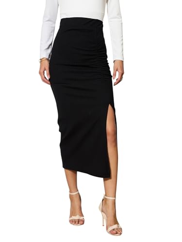 Image of Black Rib Side Slit Ruched Midi Skirt