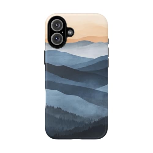 Coque iPhone 16 Plus montagne rigide mate bleue évite traces doigts et protège des chocs