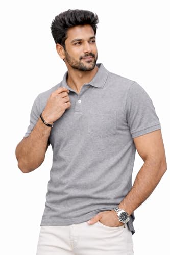 Image of Premium Pique Cotton Pocket Polo T-Shirt for Men | 210-220 GSM | Regular Fit | 2-Button Placket | Soft Breathable Fabric | XS-3XL
